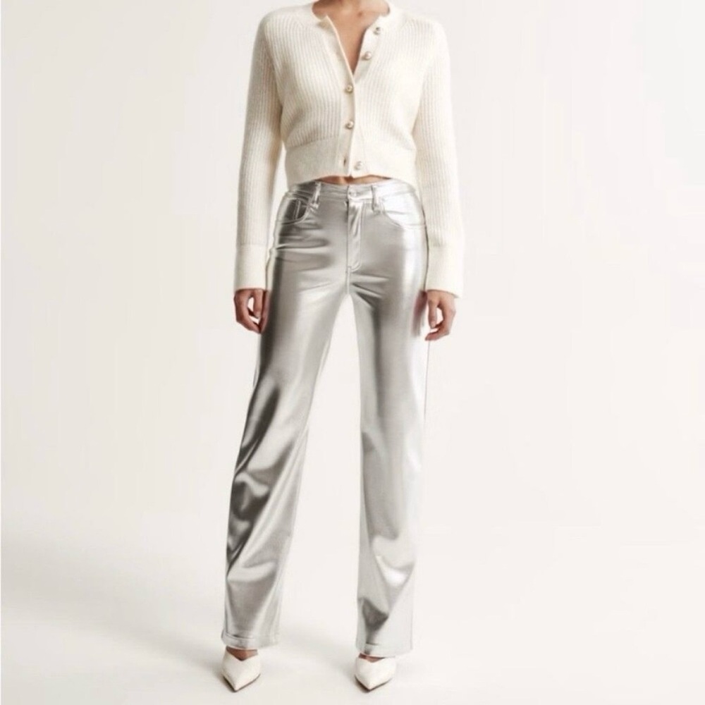 Abercrombie & Fitch 90’s Straight Vegan Pants Silver Ultra High Waist NWT 12